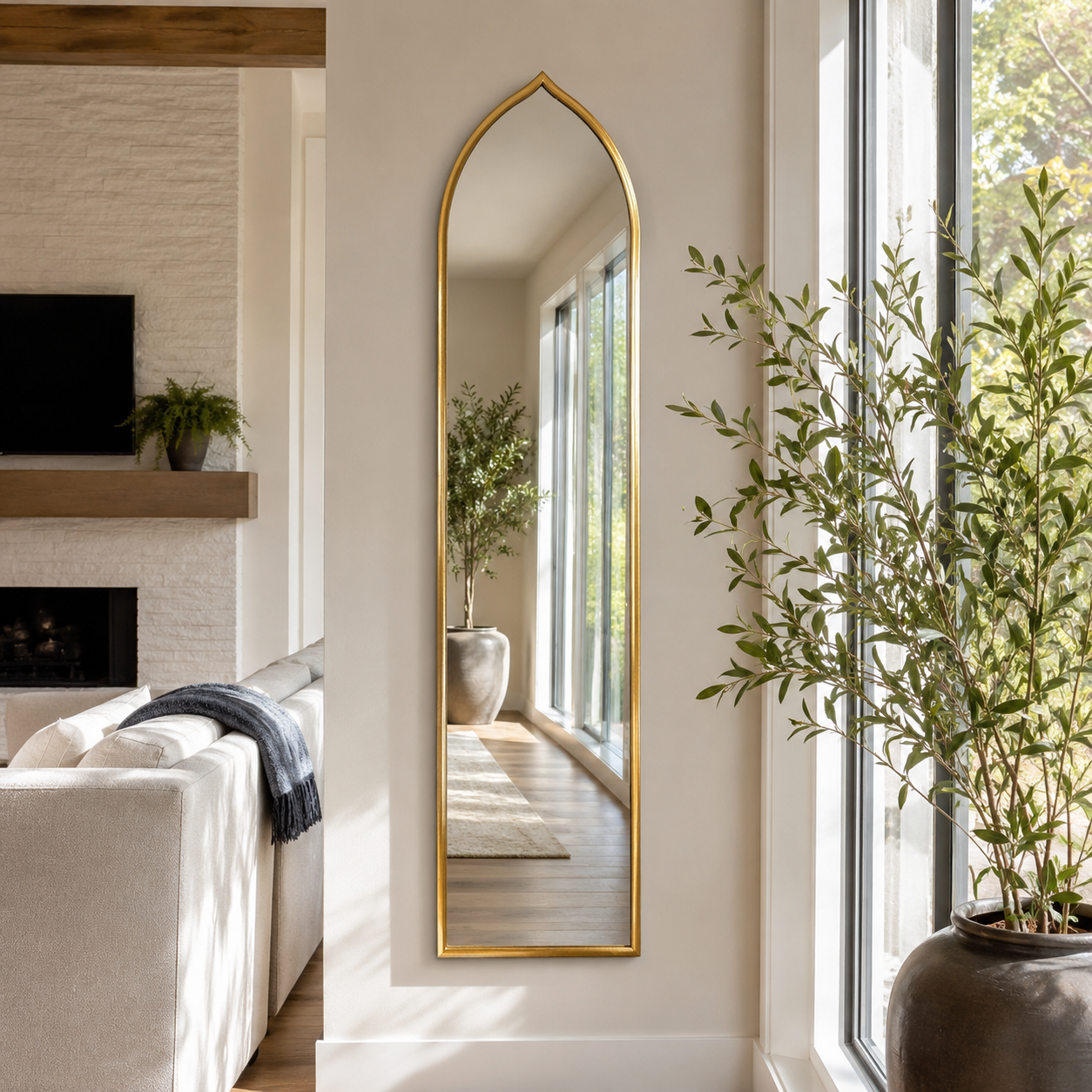 Gold Slim Arched Wall Mirror, Antique Foil Frame