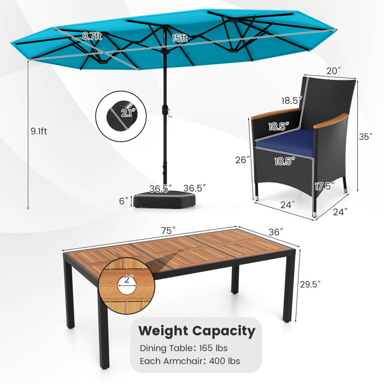 10 Piece Outdoor Patio Dining Set with 15 Feet Double-Sided Twin Umbrella - Image 5