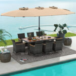 10 Pieces Wicker Outdoor Dining Set for 8 with 15 Feet Patio Umbrella - Image 2