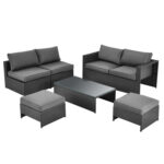 6 Pieces Patio Rattan Furniture Set with Glass Table and Cushioned Seat