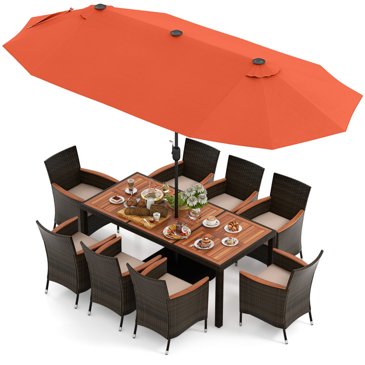 11_Pieces_Patio_Dining_Set_with_Umbrella_Orange-3.jpg 11 Pieces Patio Dining Set with 15 Feet Double-Sided Patio Umbrella and Base - Image 1