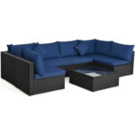 7 Pieces Sectional Wicker Furniture Sofa Set with Tempered Glass Top Coffee Table - Image 10