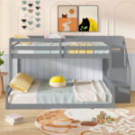 Solid Wood Twin Over Full Low Bunk Bed with Storage Stairs - Image 6