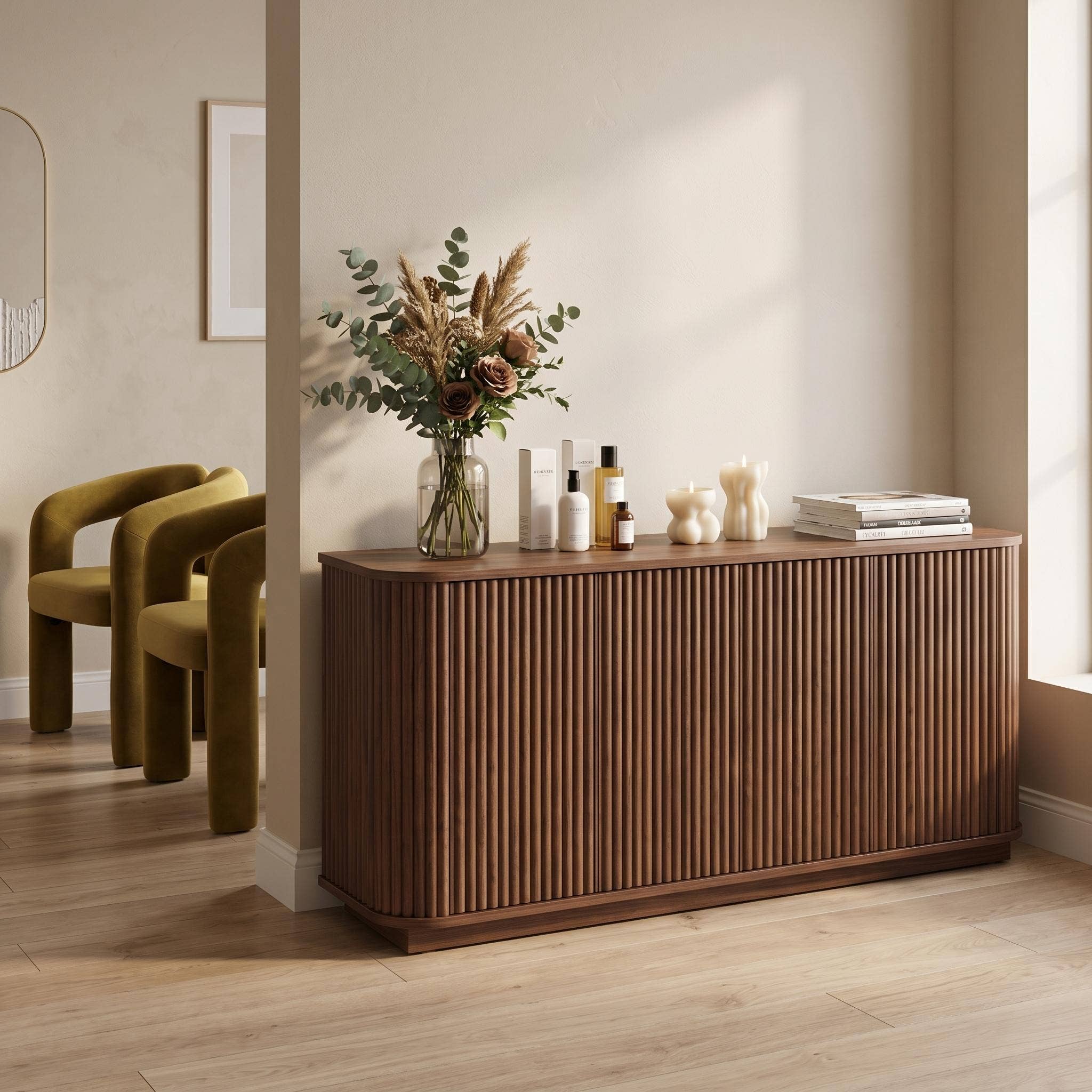 Sideboard Cabinet for Salon Display, Walnut Black Natural