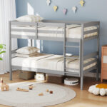 Solid Wood Twin Over Twin Bunk Bed Frame with High Guardrails and Integrated Ladder - Image 2