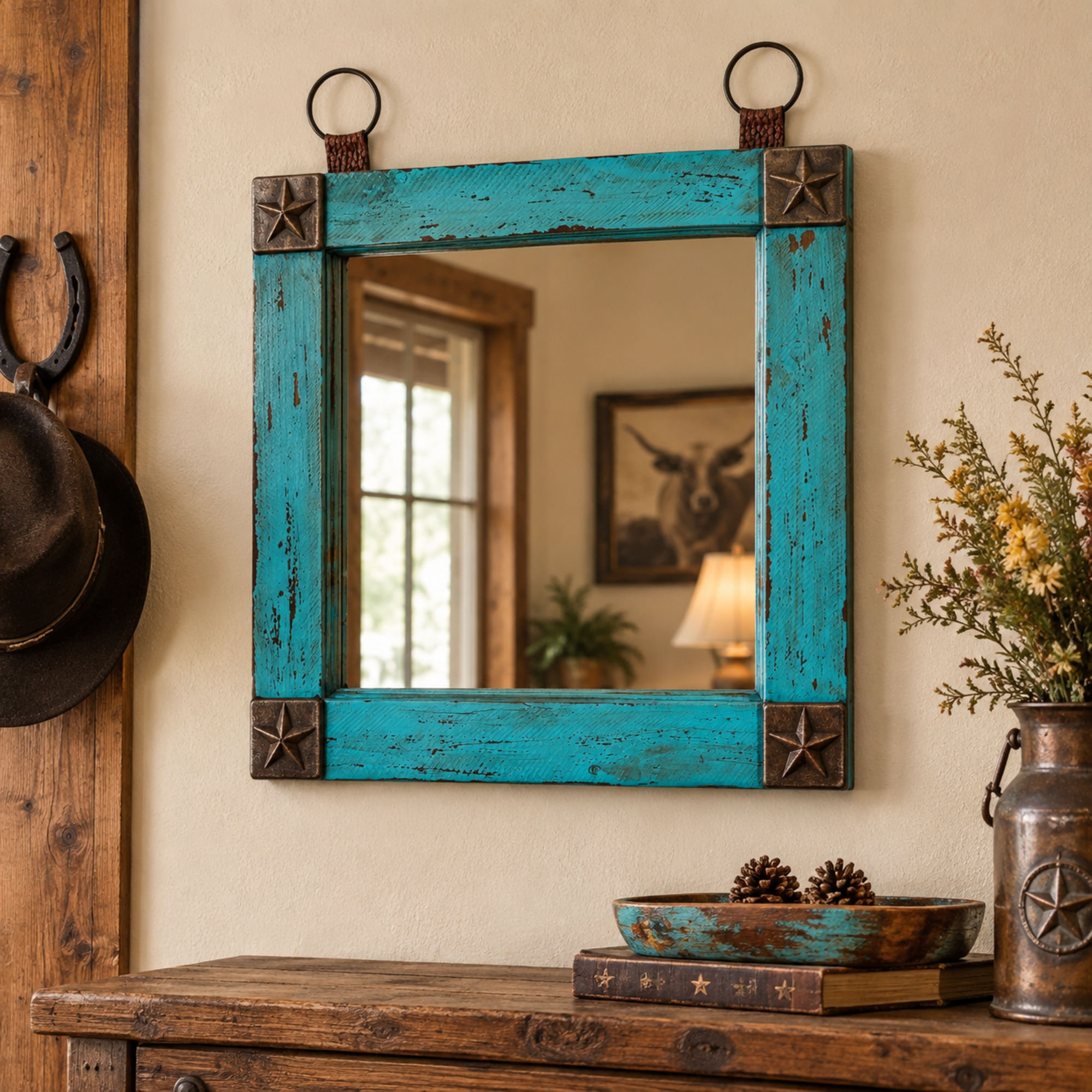Western Rustic Wall Mirror – Turquoise Reclaimed Wood Look