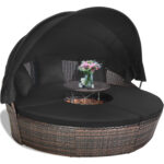 Patio Round Rattan Daybed with Retractable Canopy and Height Adjustable Coffee Table - Image 10