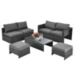 6 Pieces Patio Rattan Furniture Set with Glass Table and Cushioned Seat - Image 4