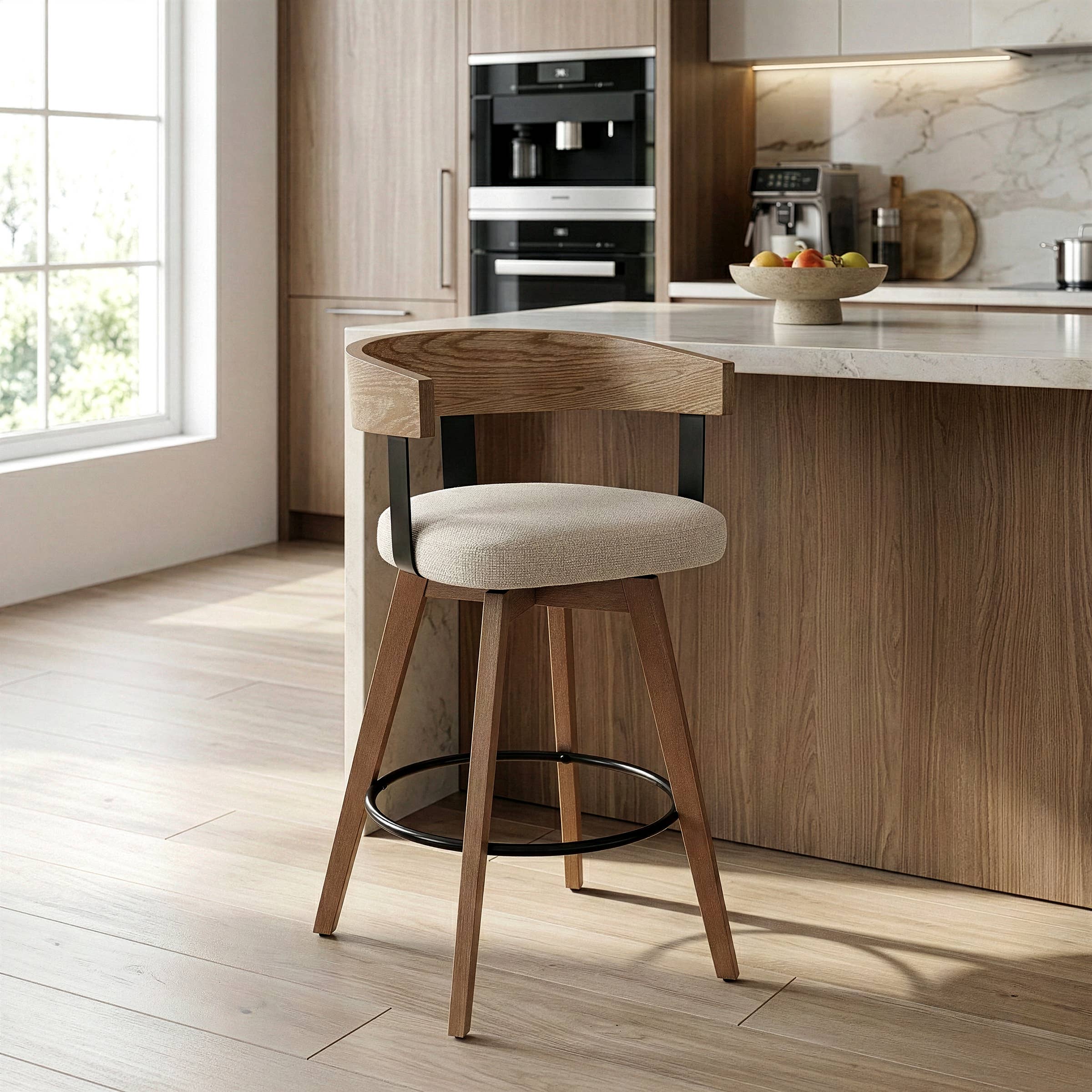Beck Beige Linen Fabric Counter Stool with Natural Wood