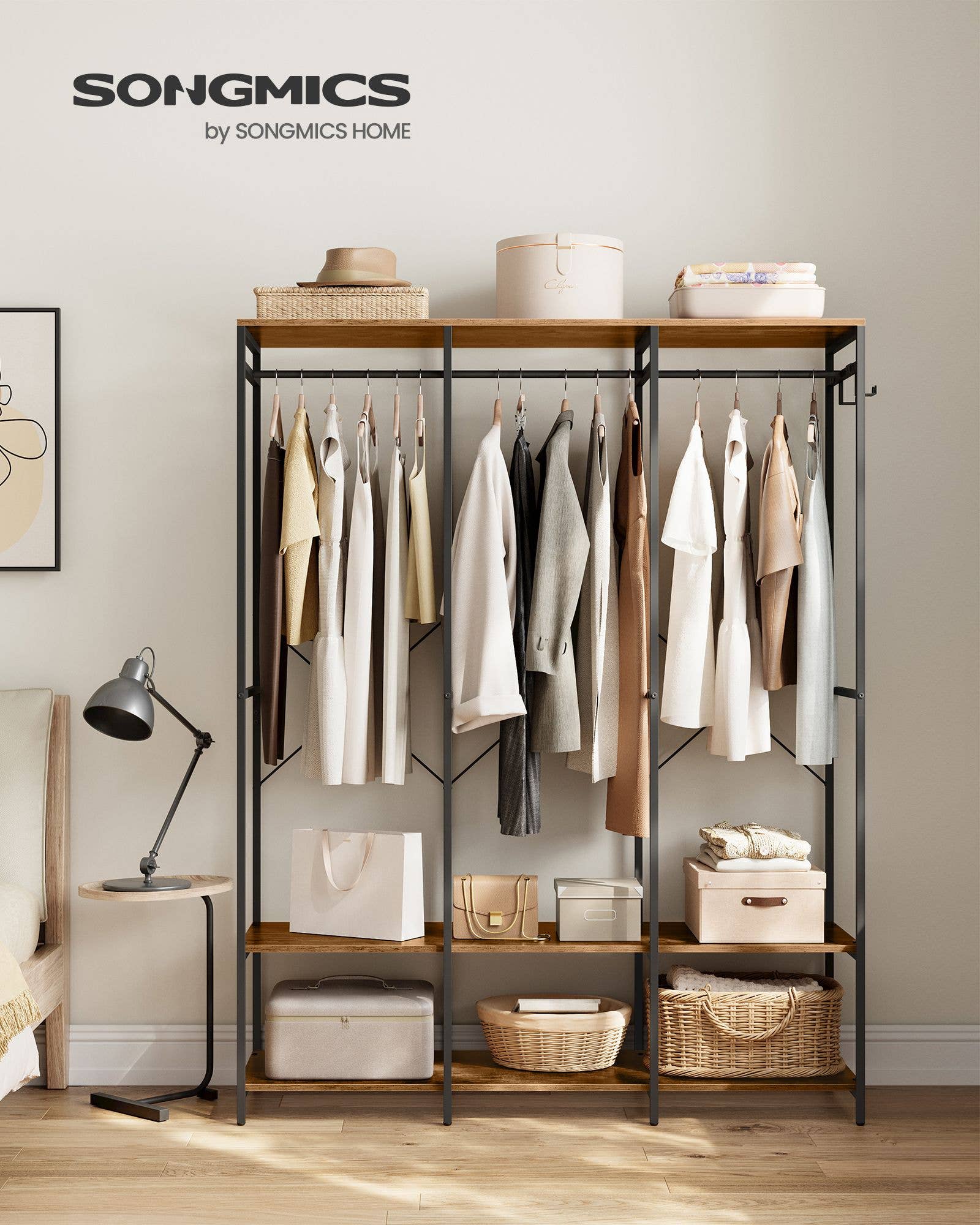 Iron and Wood Clothes Rack with Hanging Rods, Closet She 1-