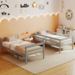 Solid Wood Twin Over Twin Bunk Bed Frame with High Guardrails and Integrated Ladder - Image 6