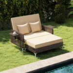 2 Piece Patio Rattan Daybed Wicker Loveseat and Ottoman with Adjustable Backrest - Image 3