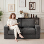 2-Seater Floor Couch Loveseat Foam Sofa with Removable Corduroy Cover - Image 6