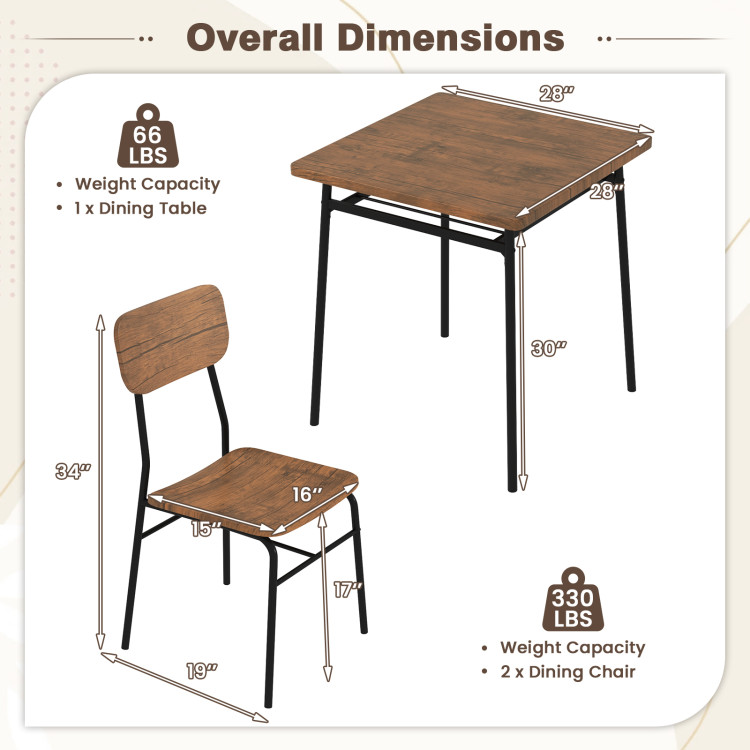3 Pieces Dining Table Set for 2 Wood Square Table with Metal Frame - Image 5