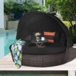 Patio Round Rattan Daybed with Retractable Canopy and Height Adjustable Coffee Table - Image 3