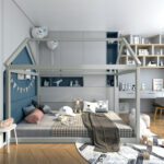 Twin Size Kids House Bed Wood Frame with Roof - Image 2