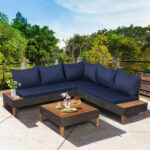 4 Pieces Patio Cushioned Rattan Furniture Set with Wooden Side Table - Image 6