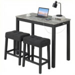 3-Piece Bar Table Set with Charging Station and Faux Marble Top - Image 4