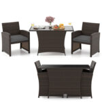 3 Piece Patio Wicker Dining Set with Rectangle Tempered Glass Dining Table