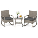 3-Piece Wicker Rocking Bistro Set with Cushions for Garden Backyard Porch