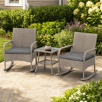 3-Piece Wicker Rocking Bistro Set with Cushions for Garden Backyard Porch - Image 6