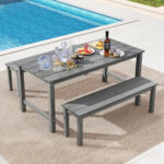 3 Pieces Outdoor Dining Table Set with 2 Benches - Image 2