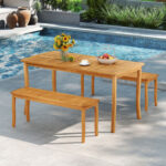 3Â PiecesÂ PatioÂ DiningÂ Set withÂ AcaciaÂ WoodÂ OutdoorÂ TableÂ andÂ Benches