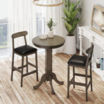 3 Pieces Wood Bar Table Set for 2 Round Pub Table with Pedestal Base and 2 Armless Stools
