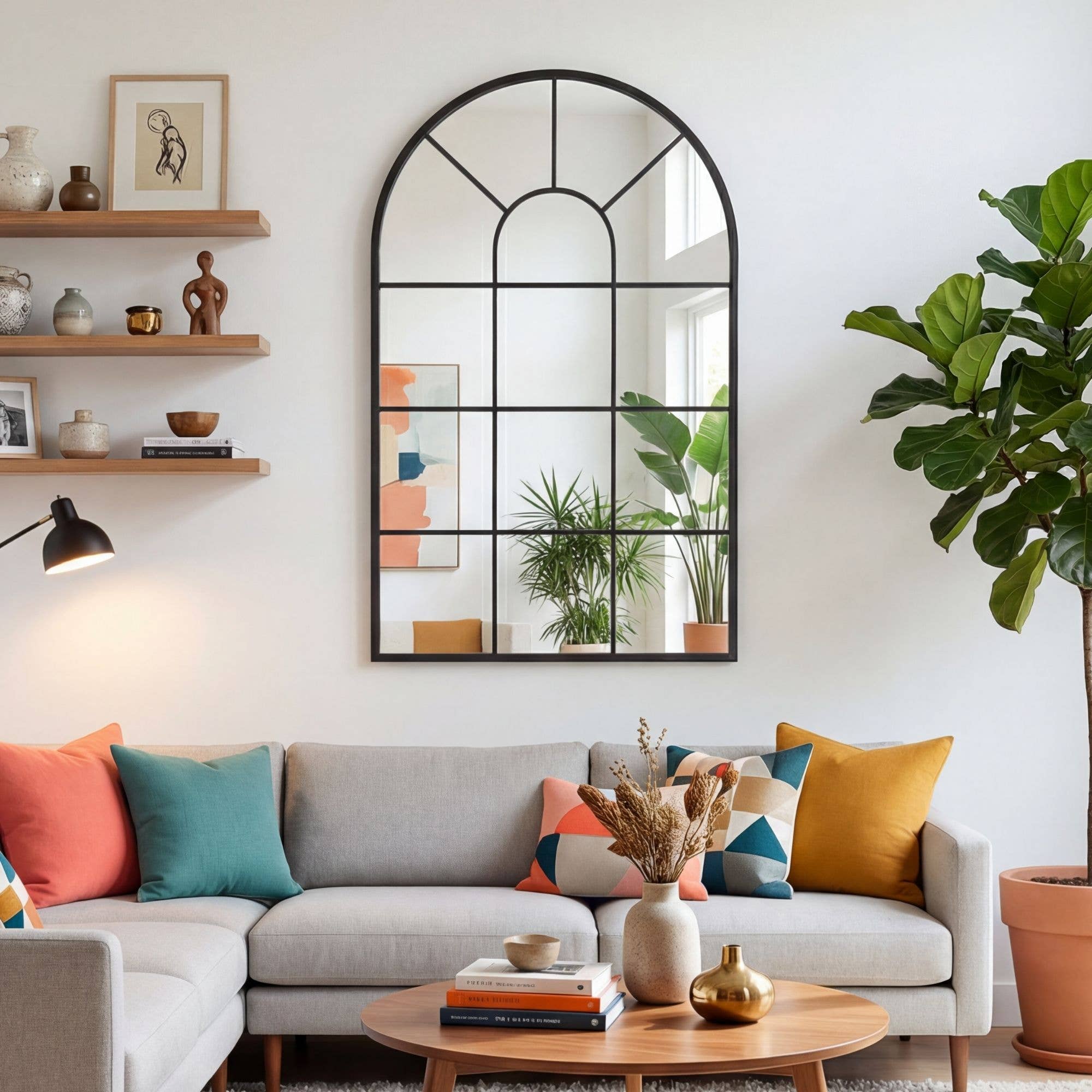 Arched Full-Length Windowpane Mirror | Black Metal Frame
