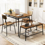 4 Piece Dining Table Set for 4 Metal Frame with Bench and 2 Chairs - Image 3