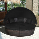 Patio Round Rattan Daybed with Retractable Canopy and Height Adjustable Coffee Table - Image 9