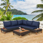 4 Pieces Patio Cushioned Rattan Furniture Set with Wooden Side Table - Image 2