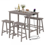 4-Piece Counter Height Dining Table Set with Power Outlet Solid Rubber Wood Kitchen Table