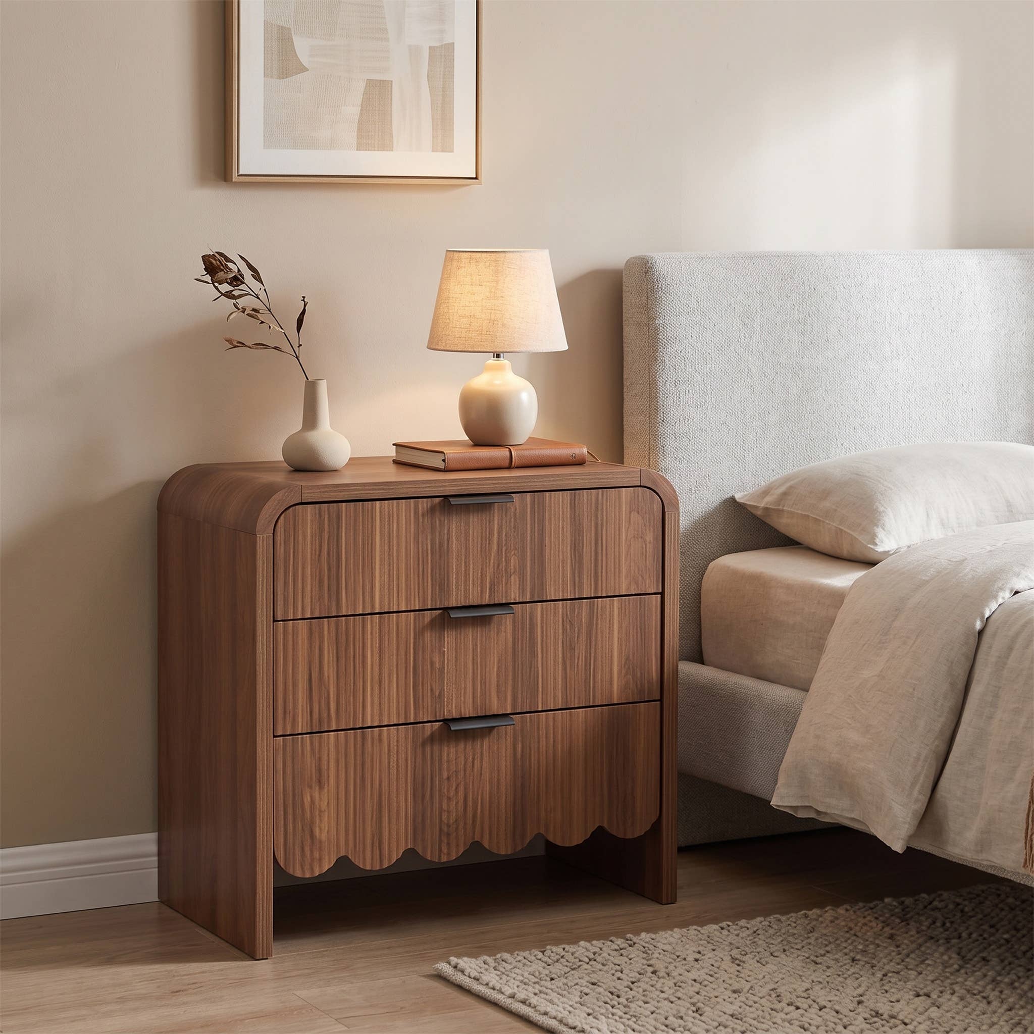Brown Fluted 3-Drawer Nightstand with Scalloped Base & Gold