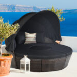 Patio Round Rattan Daybed with Retractable Canopy and Height Adjustable Coffee Table - Image 2