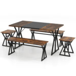 5-Piece Dining Room Set Industrial Rectangular Kitchen Table with 2 Benches and 2 Stools - Image 4