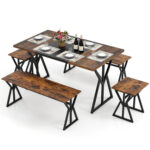 5-Piece Dining Room Set Industrial Rectangular Kitchen Table with 2 Benches and 2 Stools