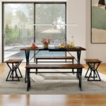 5-Piece Dining Room Set Industrial Rectangular Kitchen Table with 2 Benches and 2 Stools - Image 3