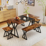 5-Piece Dining Room Set Industrial Rectangular Kitchen Table with 2 Benches and 2 Stools - Image 2