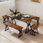 5-Piece Dining Room Set Industrial Rectangular Kitchen Table with 2 Benches and 2 Stools - Image 6
