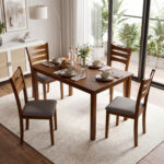 5-Piece Dining Table Set with Linen Fabric Upholstered Chairs and Solid Rubber Wood Frame for 4 People - Image 2