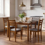 5-Piece Dining Table Set with Linen Fabric Upholstered Chairs and Solid Rubber Wood Frame for 4 People - Image 3