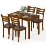 5-Piece Dining Table Set with Linen Fabric Upholstered Chairs and Solid Rubber Wood Frame for 4 People - Image 4