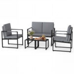 5 Pieces Living Room Set PU Leather Upholstered Sofa Set with 2 Coffee Tables