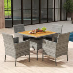5 Pieces PE Wicker Patio Dining Set Outdoor Acacia Wood Table and Chairs - Image 2