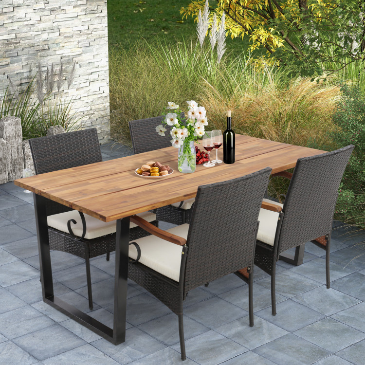 5_Pieces_Patio_Acacia_Wood_Table_and_4_Wicker_Chairs-1.jpg 5 Pieces Patio Rattan Dining Set with Umbrella Hole for Poolside Backyard - Image 1