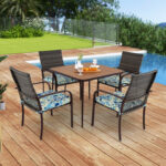 5 Pieces Patio Dining Set 4 Cushioned Rattan Armchairs and Square Table