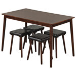 5 Piece Dining Table Set for 4 with 4 Upholstered Stools and Rubber Wood Legs