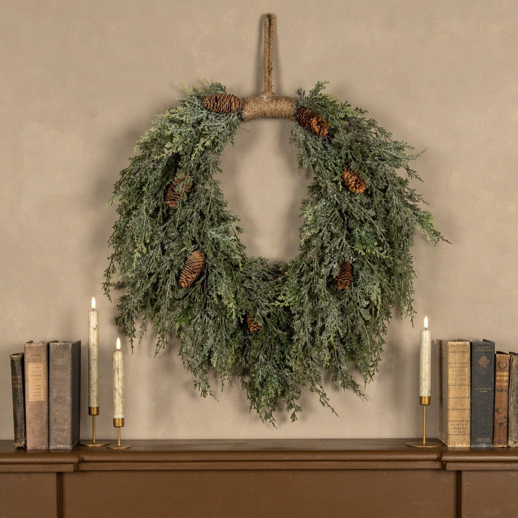 WHOLESALE 28" DARK GREEN ICED CEDAR & CONES HANGING WREATH