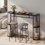 60 Inch Dining Table and 2 Upholstered Barstools with Faux Marble Tabletop - Image 6